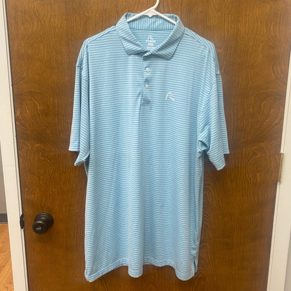 Green and blue striped Rhoback polo, great condition!